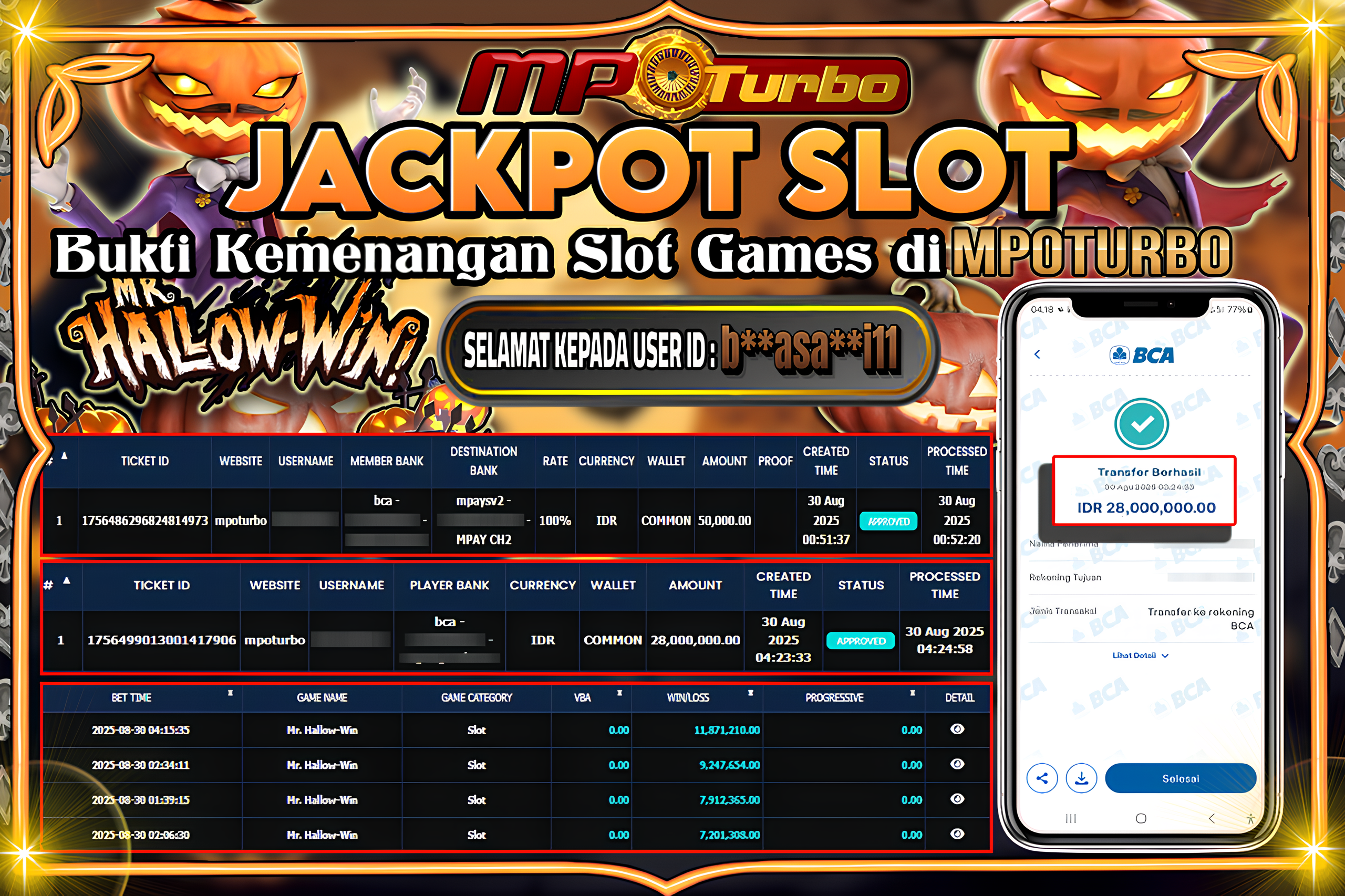 MPOTURBO JACKPOT SLOT MR HALLOW-WIN! - PG SOFT Rp 28,000,000.00,- LUNAS